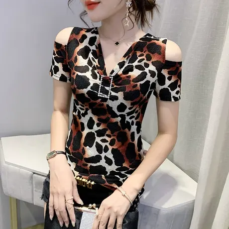 女装2023新款潮性感露肩T恤女短袖夏复古豹纹上衣洋气显瘦V领小衫商品大图