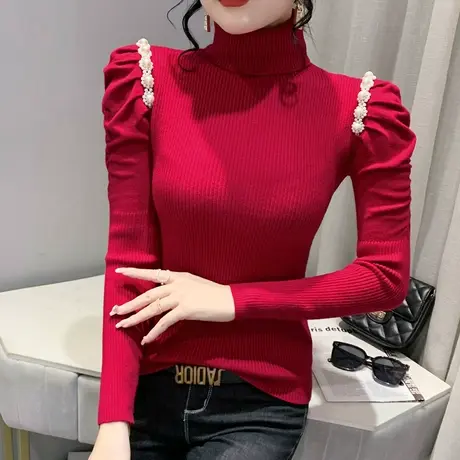 高领针织打底衫女秋冬2024新款洋气泡泡袖上衣紧身百搭套头毛衣女图片