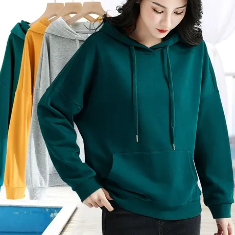 慵懒风绿色连帽长袖卫衣女2024春秋新款宽松减龄套头纯色大码上衣商品大图