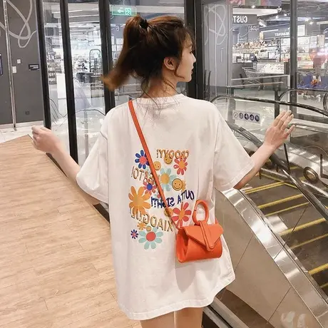 夏季短袖白色系列t恤女2023新款宽松纯棉长款欧货大体恤潮牌美式商品大图