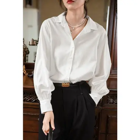 弥古白色灯笼袖衬衫女上衣2025新款春季女装宽松显瘦长袖正肩衬衣商品大图