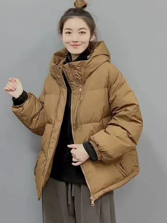 2023新款秋冬韩版时尚百搭双拉链系带休闲连帽短款羽绒棉服外套女商品大图