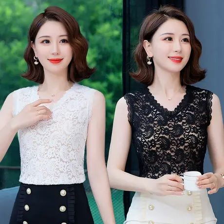 蕾丝花边无袖打底衫女气质V领网纱上衣内搭洋气小衫秋季纯色T恤图片