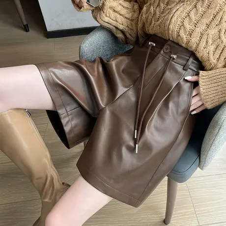PU皮阔腿五分短裤女2023秋冬新款高腰显瘦小个子宽松a字抽绳短裤图片
