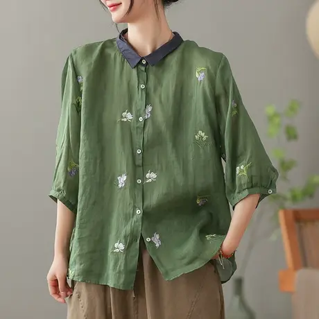 dza 复古绣花苎麻衬衫女2023夏薄款短袖衬衣宽松显瘦棉麻开衫上衣商品大图