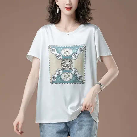 短袖T恤女夏季新款宽松加肥加大码女装中年妈妈印花纯棉圆领体恤商品大图
