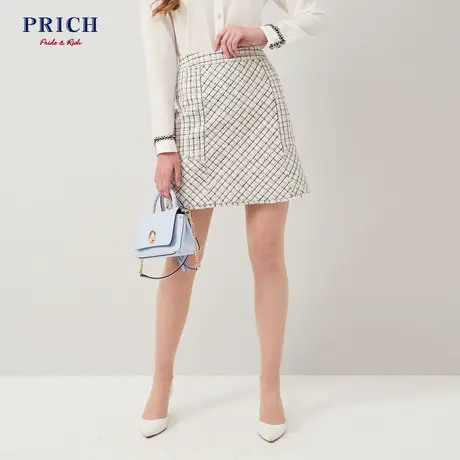 【直播专享】PRICH半身裙格纹拼接毛边时尚气质通勤中高腰A字裙女图片