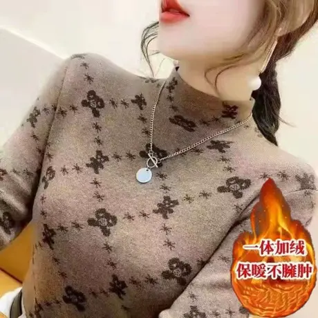 半高领加绒加厚打底衫女2024秋冬新款时尚洋气内搭保暖上衣一体绒商品大图