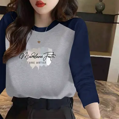 拼色插肩袖长袖打底衫圆领宽松纯棉t恤女学生卡通印花大码上衣潮商品大图