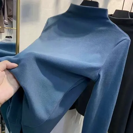 秋冬加绒加厚半高领内搭黑色打底衫女白色长袖T恤保暖德绒上衣冬商品大图