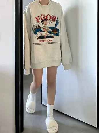 vintage卡通设计感小众潮无帽灰色卫衣女秋季网红ins超火宽松上衣图片