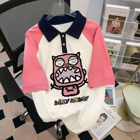 大码polo领学院风上衣女夏日多巴胺撞色穿搭ins韩系插肩袖短袖T恤商品大图