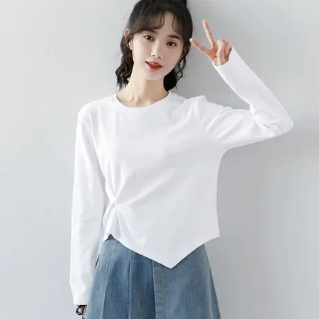 2024早秋季新款不规则设计感白色长袖T恤女装短款上衣纯色打底衫商品大图