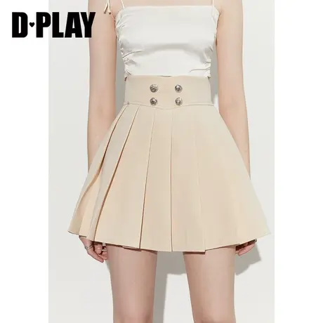 DPLAY春装新学院风时尚高腰双排扣防走光百褶半身裙图片