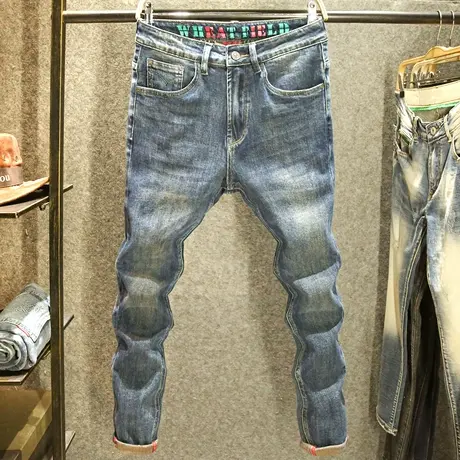 秋季怀旧复古牛仔裤男款高端水洗耐磨修身小直筒裤潮流休闲裤子男商品大图