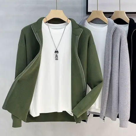 中领秋冬外套简约宽松韩国毛衣开衫男拉链纯色保暖针织衫青年休闲商品大图