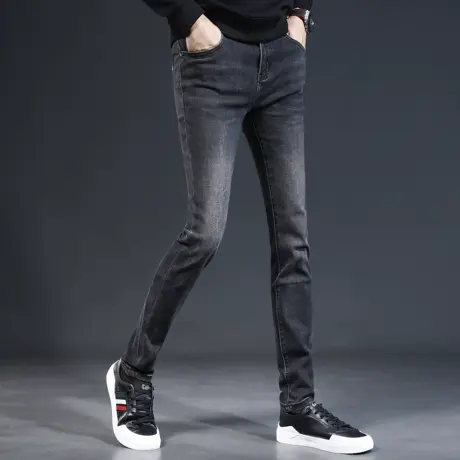 高级牛仔裤男2023新款秋季潮牌修身小脚加绒深灰色弹力休闲裤子男商品大图