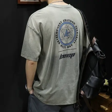 水洗渐变短袖t恤男士体恤男款宽松大码潮牌夏季2024新款纯棉男装商品大图