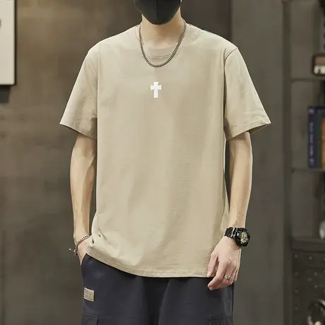 卡其色男士纯棉短袖T恤夏季男款潮牌印花情侣装圆领体恤夏款上衣商品大图