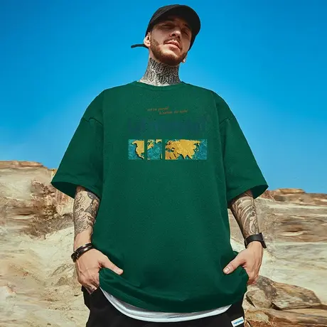 摩严国潮简约绿色宽松短袖男大码加肥加大号纯棉半袖t恤ins潮流男图片