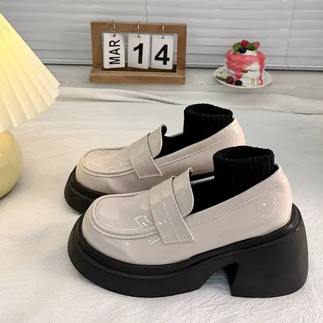 增高厚底白色小皮鞋女2023春秋季新款复古英伦风日系粗高跟单鞋子商品大图