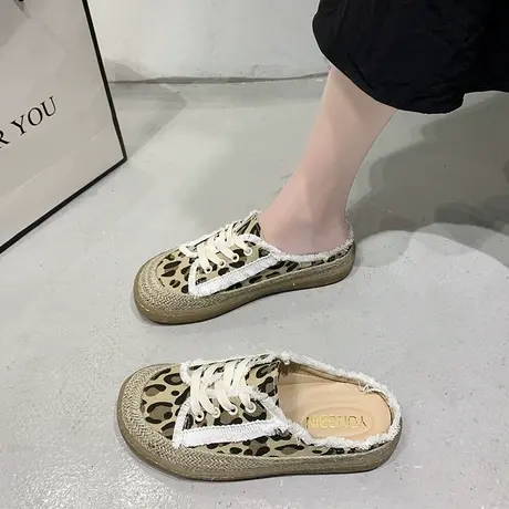 拖鞋女2024夏季新款时尚性感豹纹帆布百搭系带休闲包头半拖鞋外穿商品大图