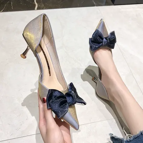 仙女风蝴蝶结高跟鞋女细跟2024年春夏季新款性感尖头浅口宴会单鞋商品大图