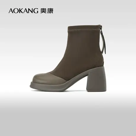 奥康女鞋 2023冬季新款美拉德及踝弹力瘦瘦靴粗高跟百搭休闲女靴商品大图