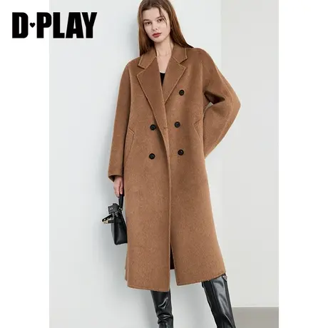 DPLAY2023冬新嵿级100%驼绒翻驳领驼色双面呢中长款宽松大衣外套商品大图