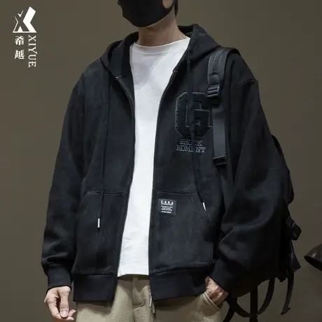 希越重磅加绒加厚拉链卫衣男冬季保暖宽松大码男士奥粒绒开衫外套商品大图