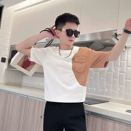 夏季潮牌男士短袖上衣t恤个性重磅拼接撞色2023新款潮男半袖体恤商品大图