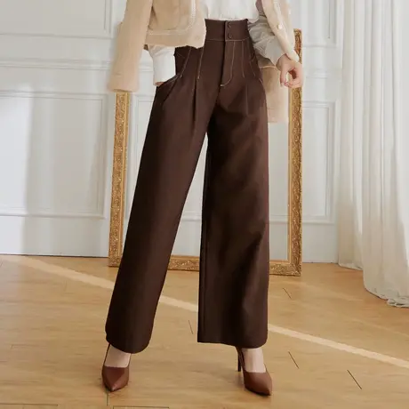 桔熊秋冬季复古廓形长裤子女士遮肉高腰压褶宽松直筒裤大码BA7396图片