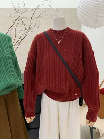 2024冬季新款软糯宽松加厚麻花圆领针织衫毛衣女外穿洋气百搭上衣图片