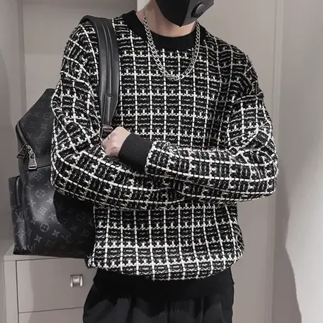 小香风毛衣男冬季2023新款时尚韩版宽松加厚ins撞色针织内搭线衣商品大图