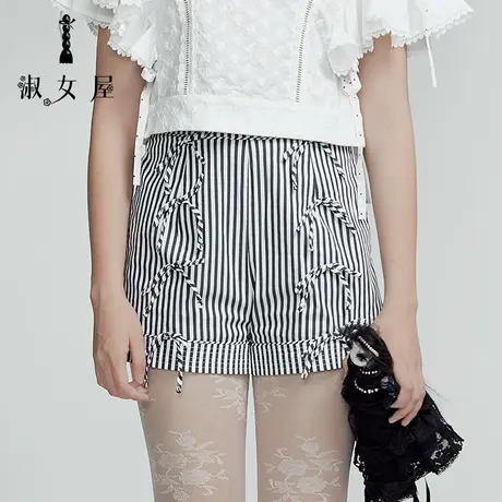 淑女屋女装商场同款条纹蝴蝶结蝴蝶结公主立体显腿长条纹短裤女图片