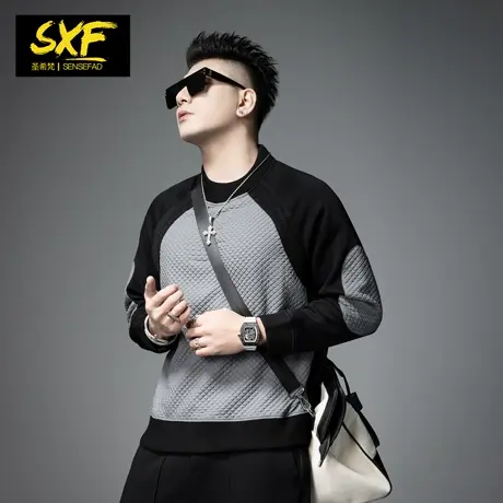 SXF圣希梵加绒卫衣男 2023冬季新款纹理拼接套头衫加厚男士上衣潮商品大图