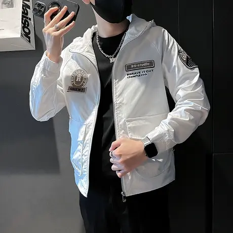 美式潮牌连帽秋季网红外套男2023新款潮男刺绣运动工装夹克冲锋衣商品大图