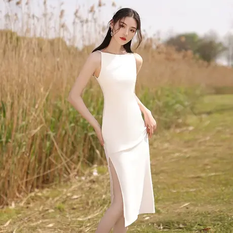 白色小晚礼服裙女宴会气质高端高级名媛简约无袖晚宴连衣裙夏季图片
