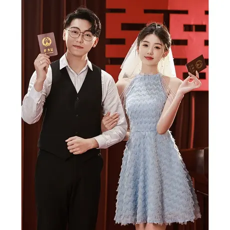 蓝色挂脖小礼服女夏季登记领证订婚短款高端小个子轻奢小众肩流苏商品大图