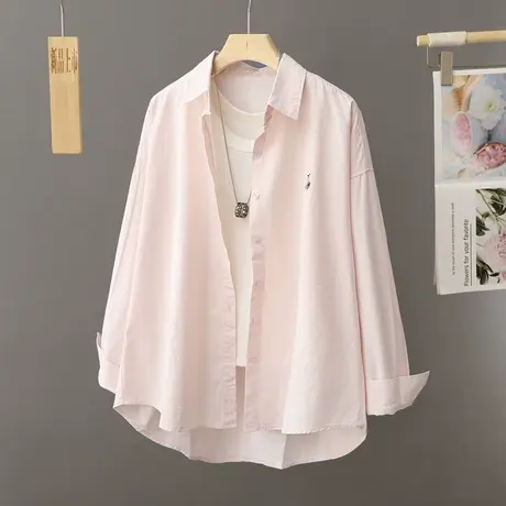 早春浅粉色衬衫上衣女2024年新款春季宽松纯棉底衫衬衣外套女开衫商品大图