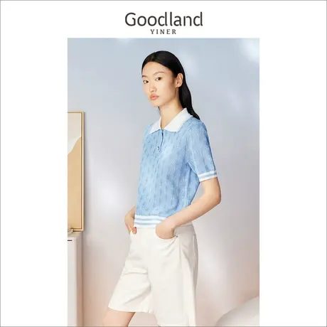Goodland美地女装2023夏季撞色白领蕾丝边提花翻领短袖针织衫商品大图