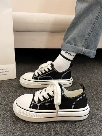 爆款黑色厚底帆布鞋女秋冬季百搭板鞋2024新款超火休闲运动小白鞋商品大图