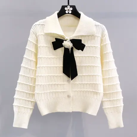 小香风蝴蝶结毛衣外套女冬季2023新款时尚高级感修身短款针织开衫商品大图