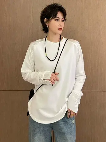 国风圆领纽扣袖t恤女早春2024新款内搭打底气质休闲宽松长袖上衣商品大图