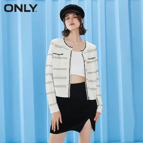 【元气珠珠】ONLY奥莱冬季气质圆领撞色镂空纹理短款针织衫商品大图