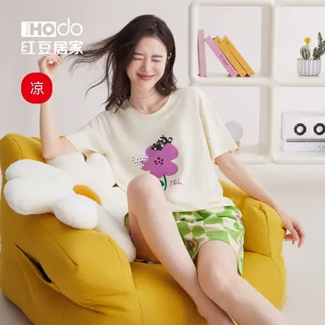 红豆女士短袖睡衣套装春夏多巴胺色圆领T恤家居服可外穿空调服棉商品大图