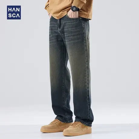 hansca水洗做旧牛仔裤男秋季美式高街痞帅宽松直筒阔腿休闲长裤子商品大图