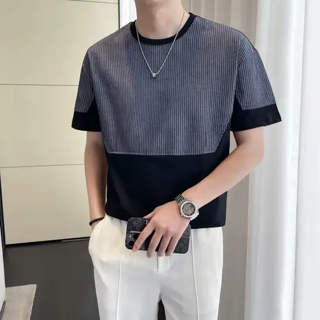 T恤夏季撞色拼接青年短袖上衣潮流韩版简约圆领体恤假两件半截袖商品大图