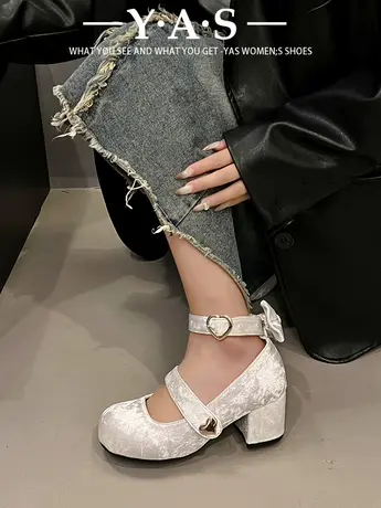 高跟鞋女法式粗跟玛丽珍鞋子2024新款春夏季白色绒面圆头浅口单鞋图片