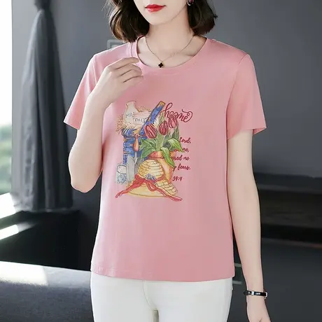 中年妈妈装时尚重工艺刺绣夏款短袖圆领T恤衬衫休闲宽松大码女装商品大图